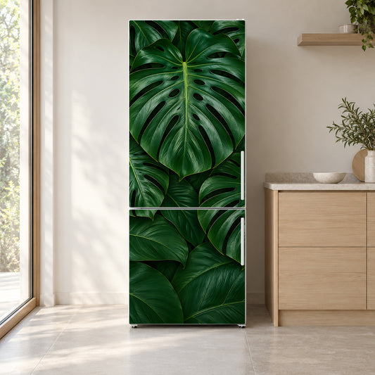 Monstera Leaves fridge wrap on a white refrigerator in a bright kitchen