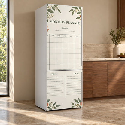Monthly Calendar Planner fridge wrap, refrigerator shown at an angle