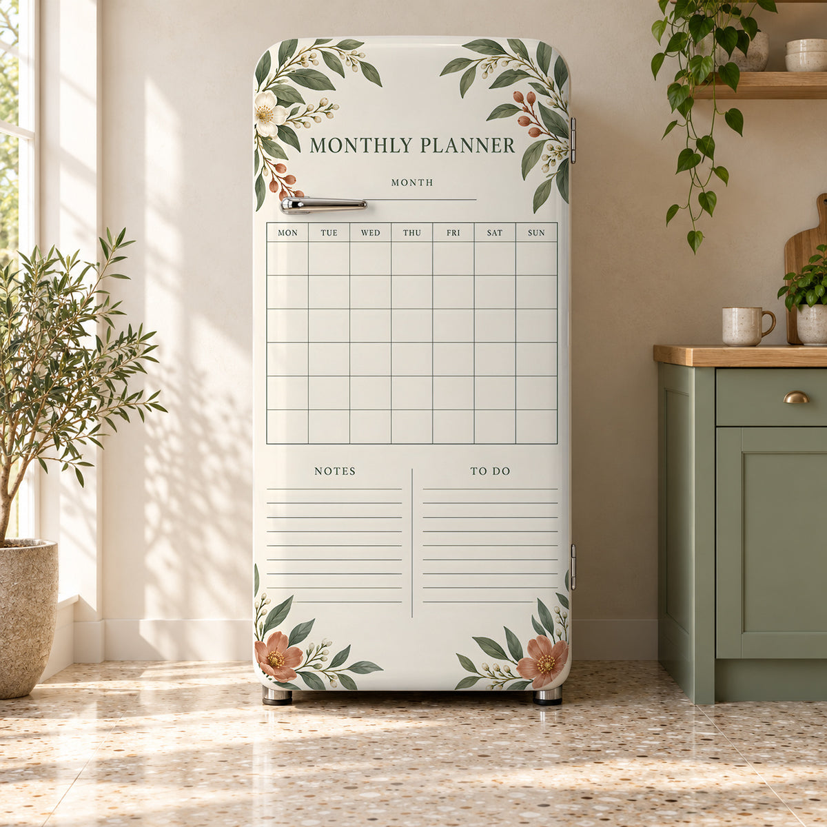 Monthly Calendar Planner fridge wrap on a retro refrigerator