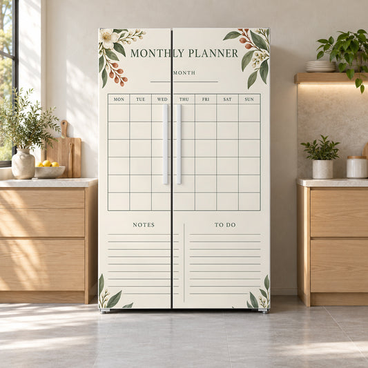 Monthly Calendar Planner fridge wrap on a side-by-side refrigerator