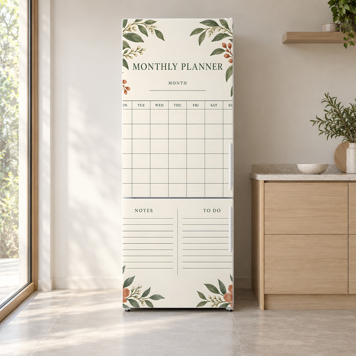 Monthly Calendar Planner fridge wrap on a white refrigerator in a bright kitchen