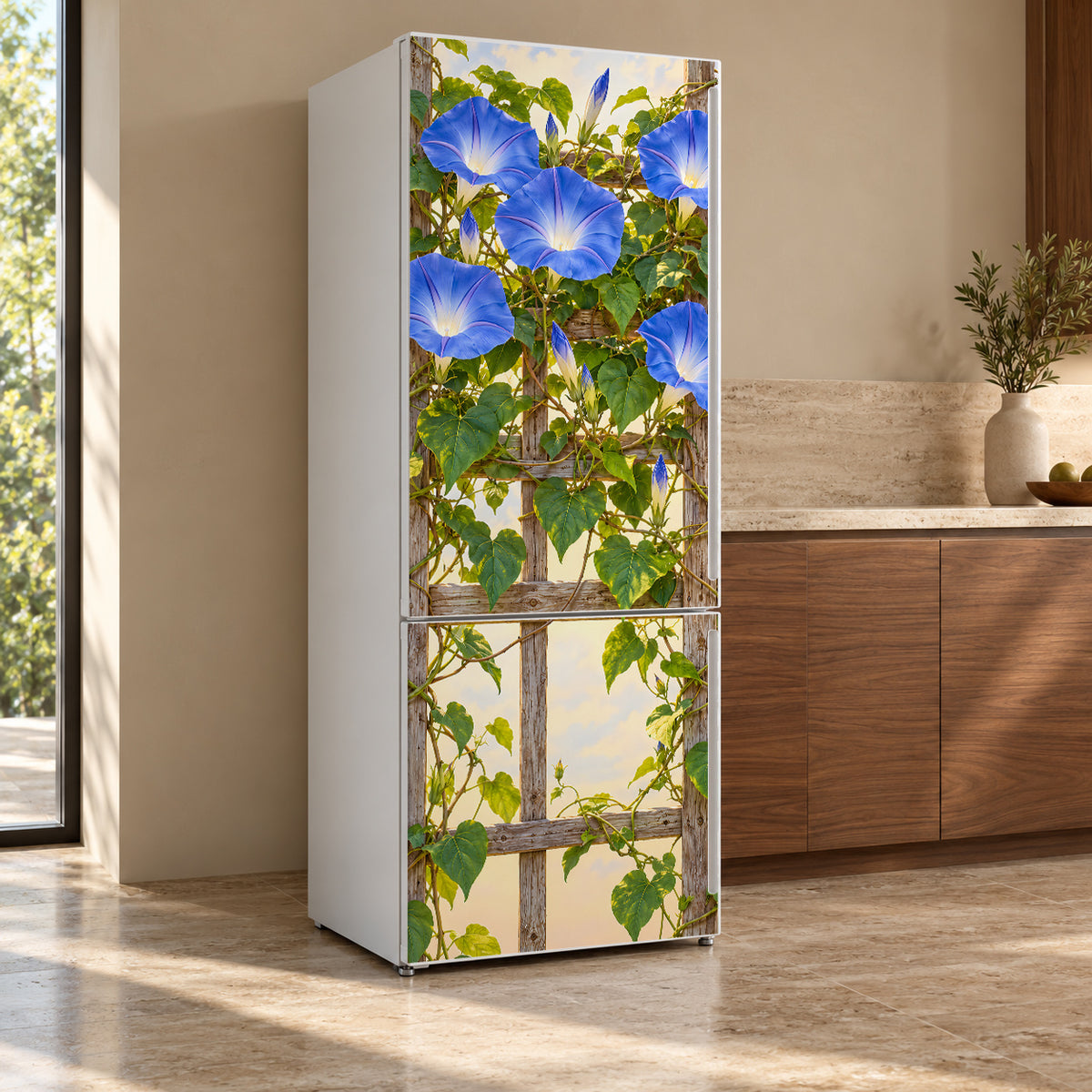 Morning Glories fridge wrap, refrigerator shown at an angle