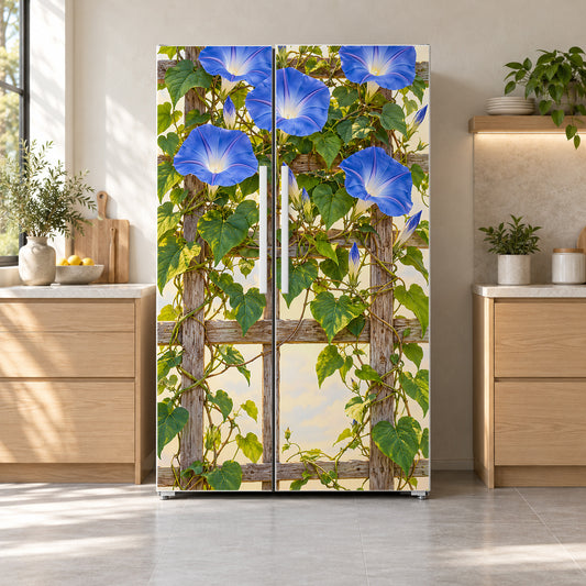 Morning Glories fridge wrap on a side-by-side refrigerator