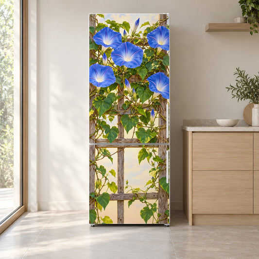 Morning Glories fridge wrap on a white refrigerator in a bright kitchen