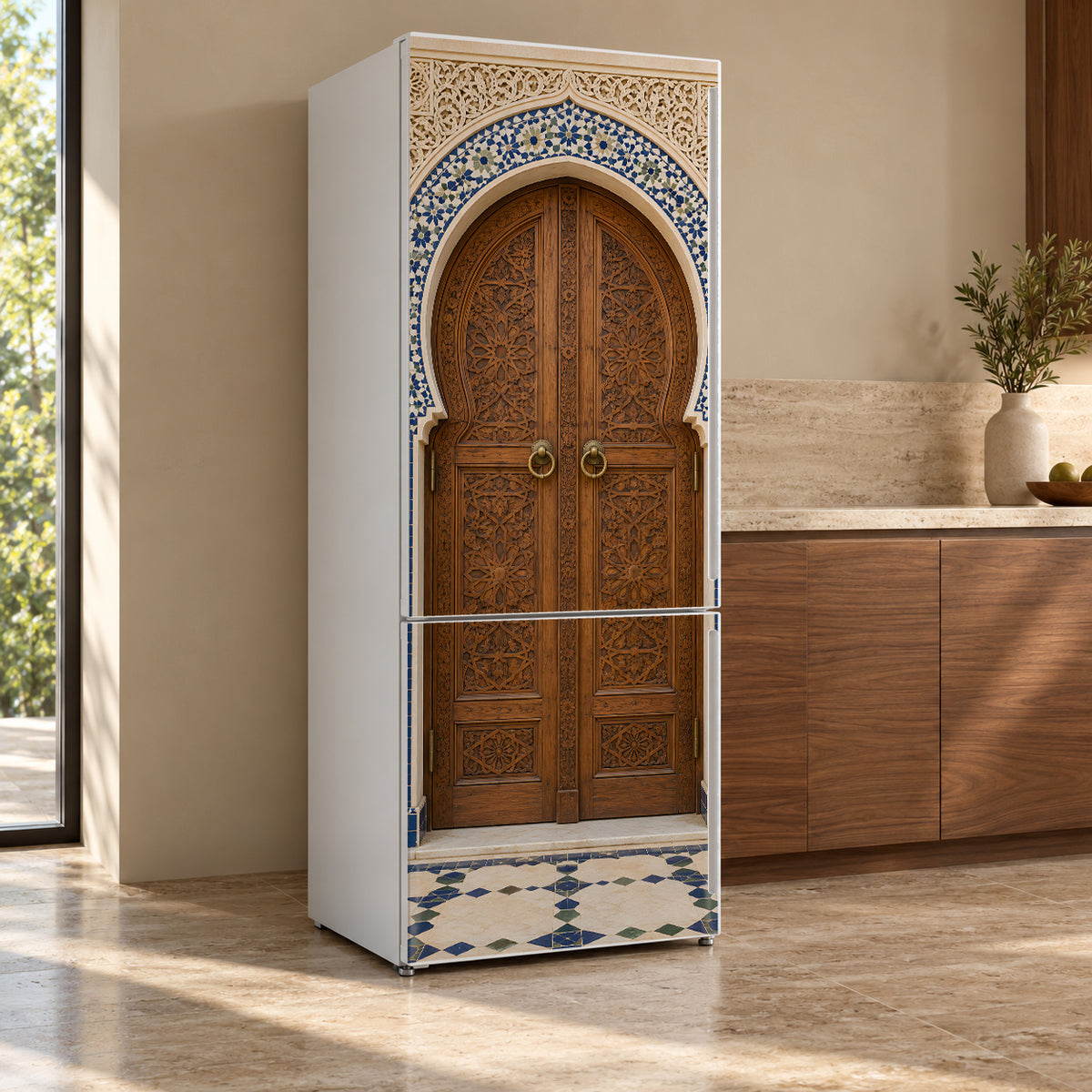 Moroccan Arched Door fridge wrap, refrigerator shown at an angle