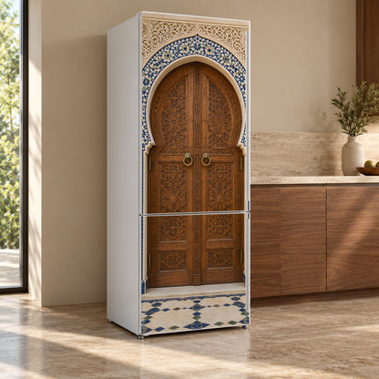 Moroccan Arched Door fridge wrap, refrigerator shown at an angle