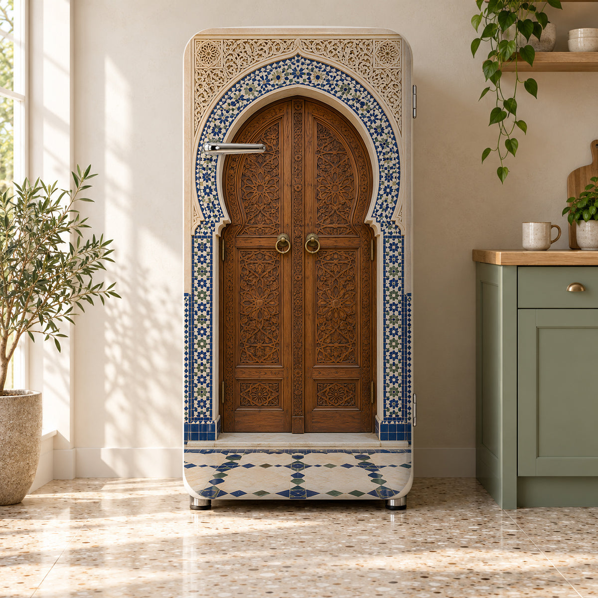 Moroccan Arched Door fridge wrap on a retro refrigerator