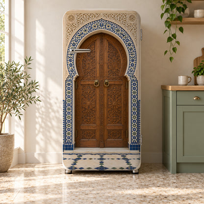Moroccan Arched Door fridge wrap on a retro refrigerator