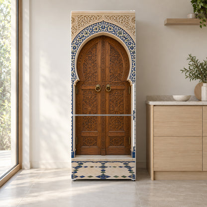 Moroccan Arched Door fridge wrap on a white refrigerator in a bright kitchen