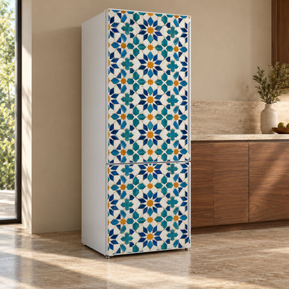 Moroccan Tiles fridge wrap, refrigerator shown at an angle