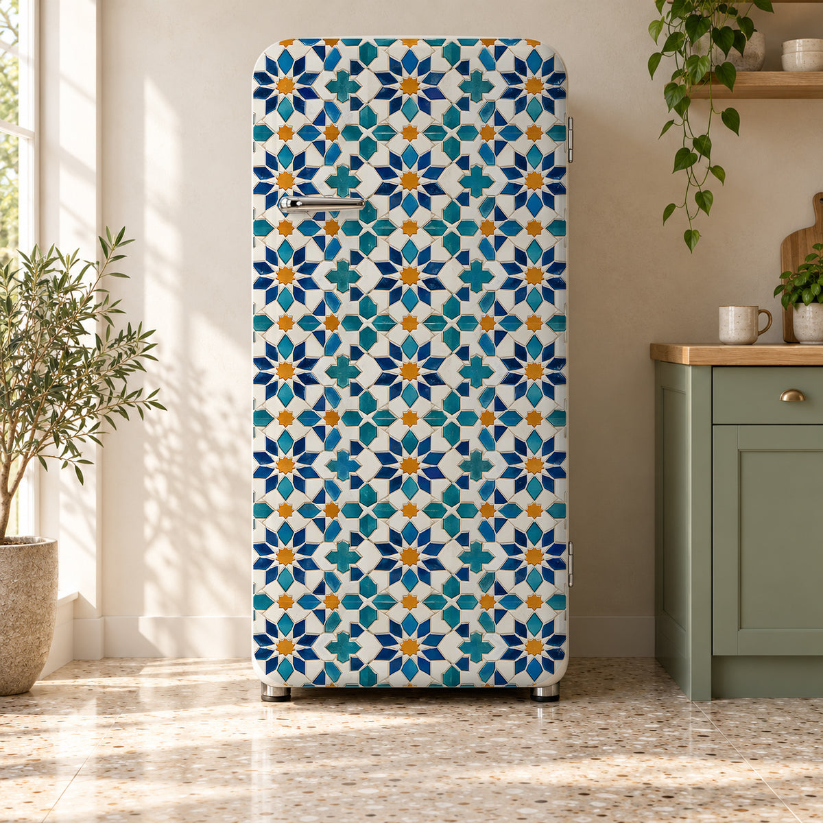 Moroccan Tiles fridge wrap on a retro refrigerator