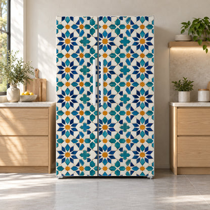 Moroccan Tiles fridge wrap on a side-by-side refrigerator