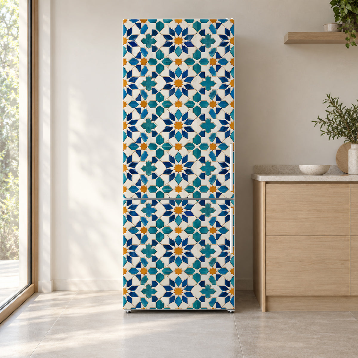 Moroccan Tiles fridge wrap on a white refrigerator in a bright kitchen