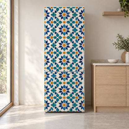 Moroccan Tiles fridge wrap on a white refrigerator in a bright kitchen