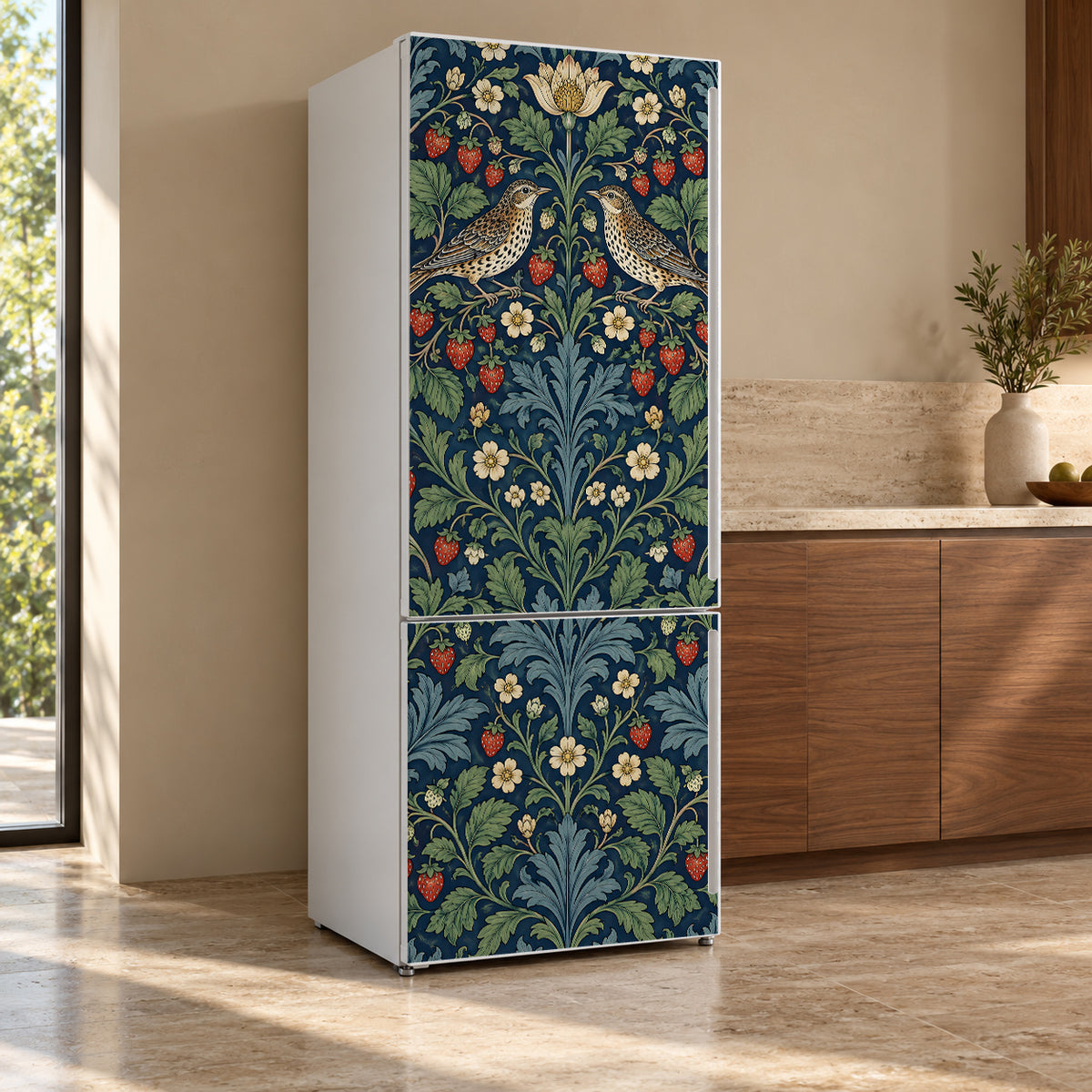 Morris Inspired Strawberry Birds fridge wrap, refrigerator shown at an angle
