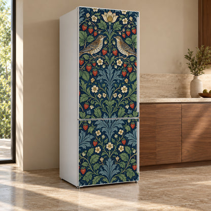 Morris Inspired Strawberry Birds fridge wrap, refrigerator shown at an angle
