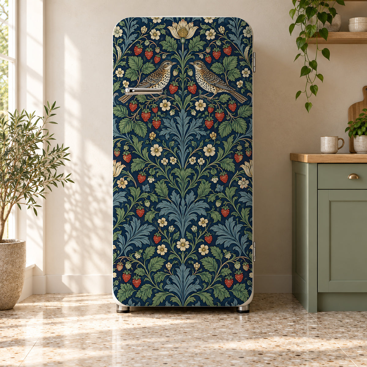 Morris Inspired Strawberry Birds fridge wrap on a retro refrigerator