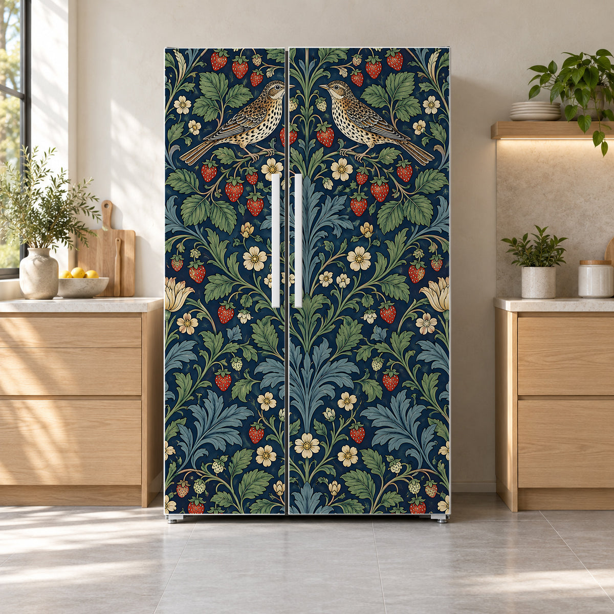 Morris Inspired Strawberry Birds fridge wrap on a side-by-side refrigerator