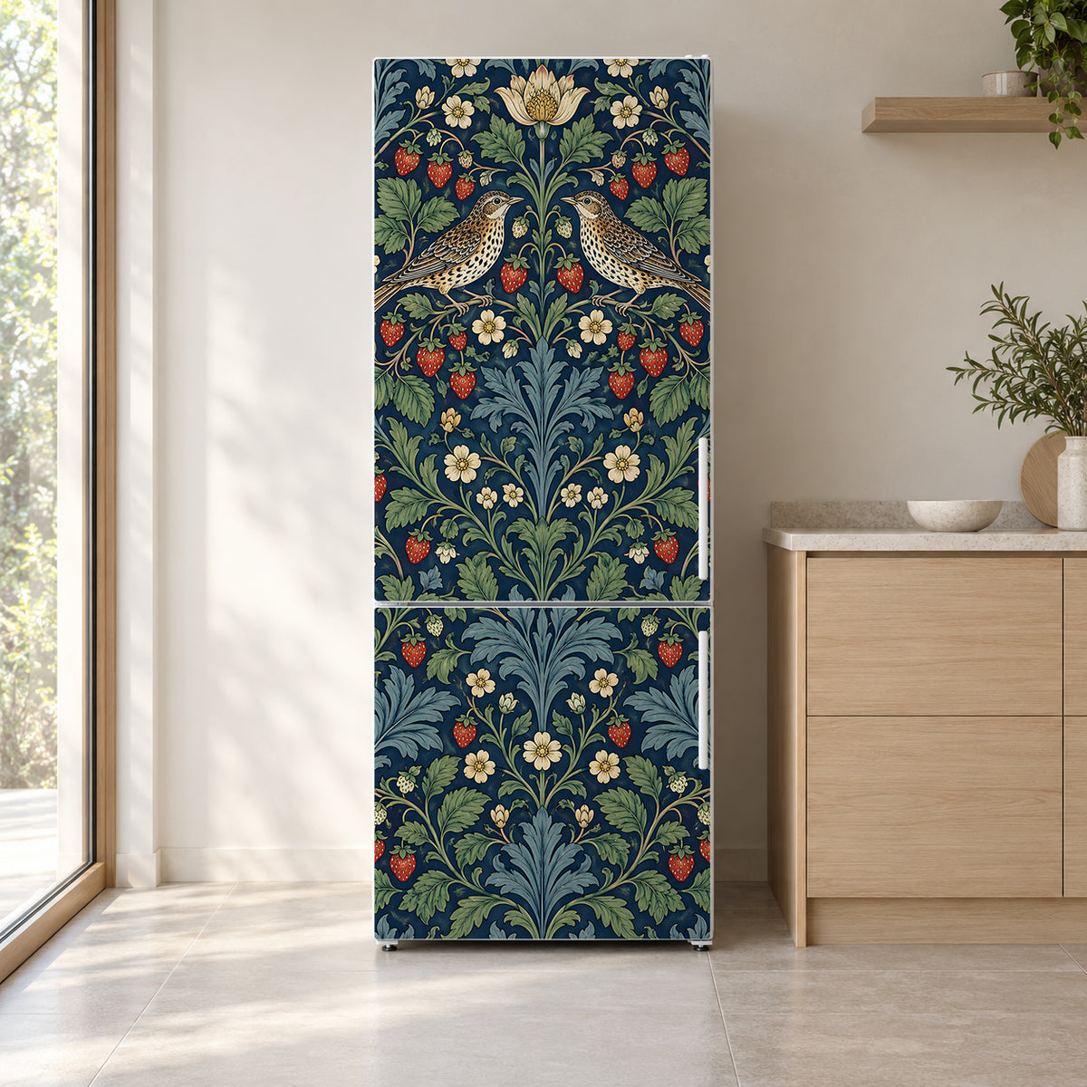 Morris Inspired Strawberry Birds fridge wrap on a white refrigerator in a bright kitchen