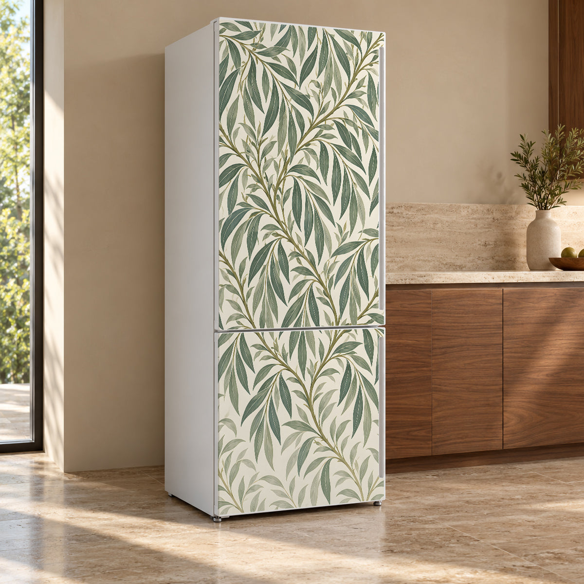 Morris Inspired Willow Leaves fridge wrap, refrigerator shown at an angle
