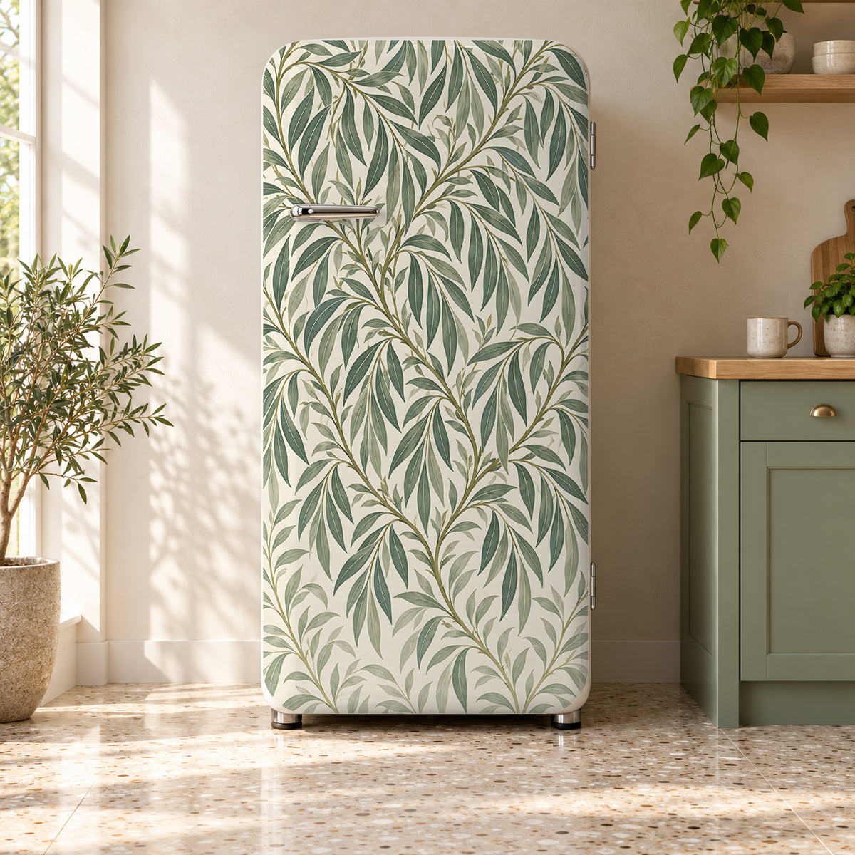 Morris Inspired Willow Leaves fridge wrap on a retro refrigerator