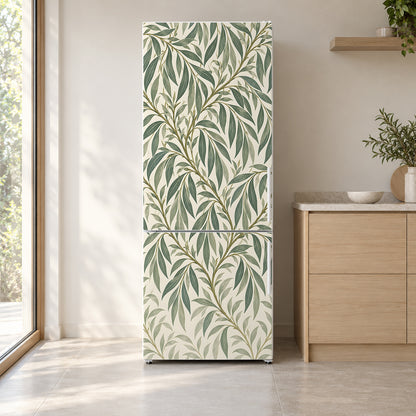 Morris Inspired Willow Leaves fridge wrap on a white refrigerator in a bright kitchen