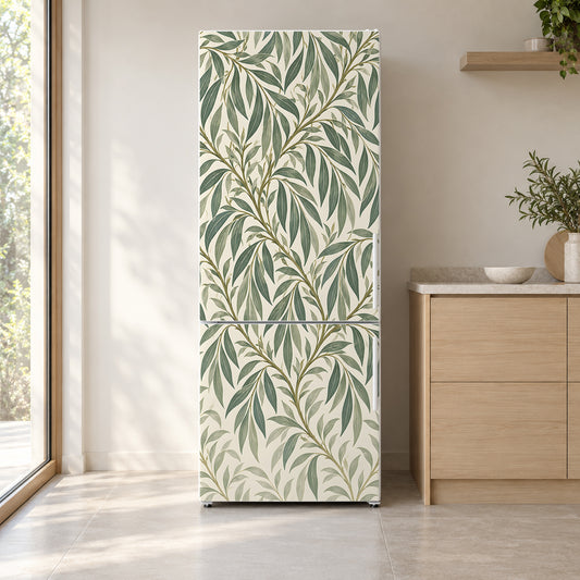 Morris Inspired Willow Leaves fridge wrap on a white refrigerator in a bright kitchen