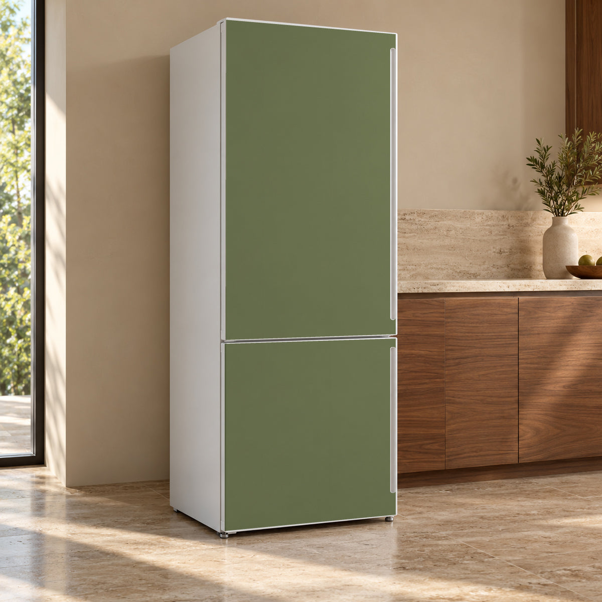 Moss Green fridge wrap, refrigerator shown at an angle