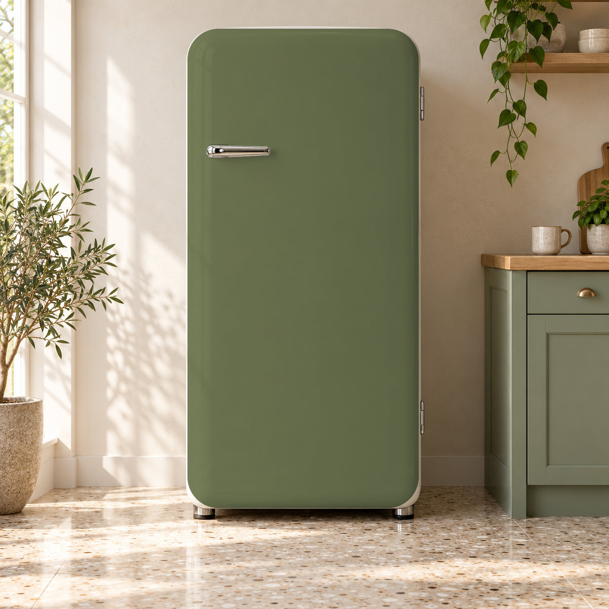 Moss Green fridge wrap on a retro refrigerator