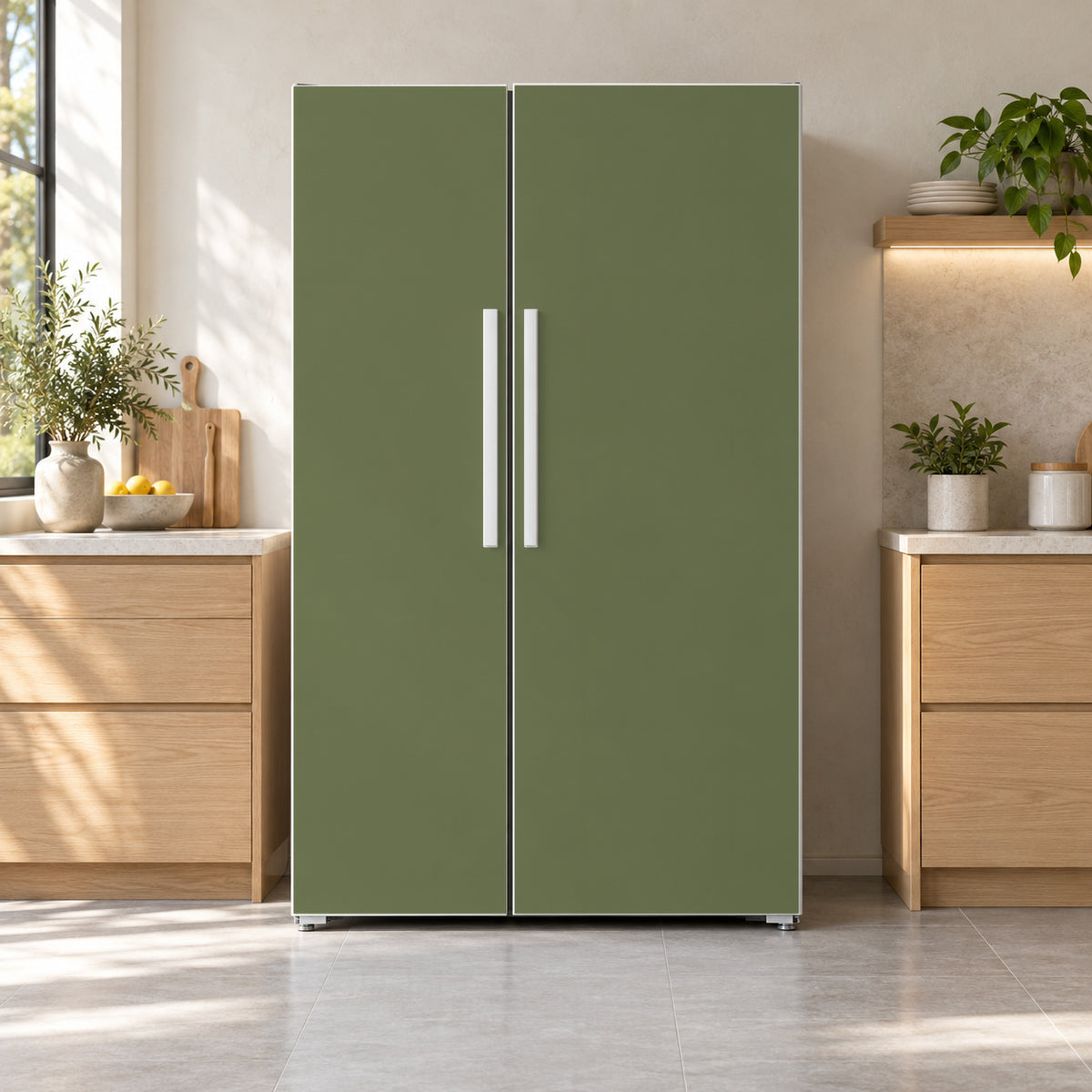 Moss Green fridge wrap on a side-by-side refrigerator