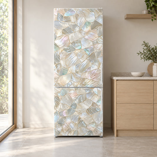Mother of Pearl fridge wrap on a white refrigerator in a bright kitchen