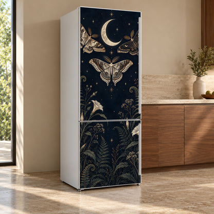 Moths & Moon fridge wrap, refrigerator shown at an angle