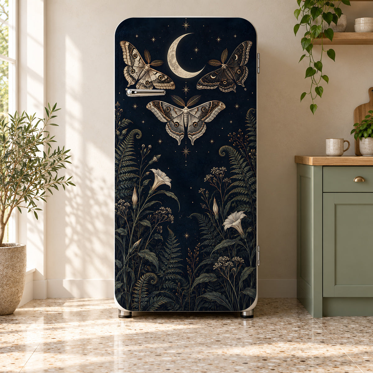 Moths & Moon fridge wrap on a retro refrigerator