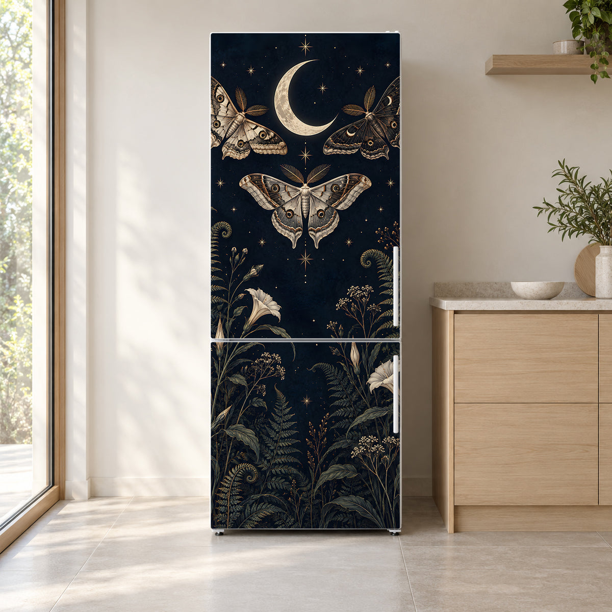 Moths & Moon fridge wrap on a white refrigerator in a bright kitchen