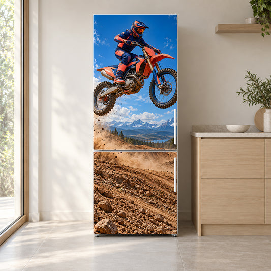 Motocross Dirt Bikes fridge wrap on a white refrigerator in a bright kitchen