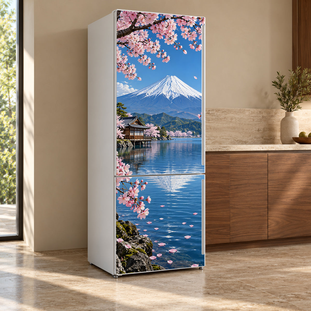 Mount Fuji & Cherry Blossoms fridge wrap, refrigerator shown at an angle