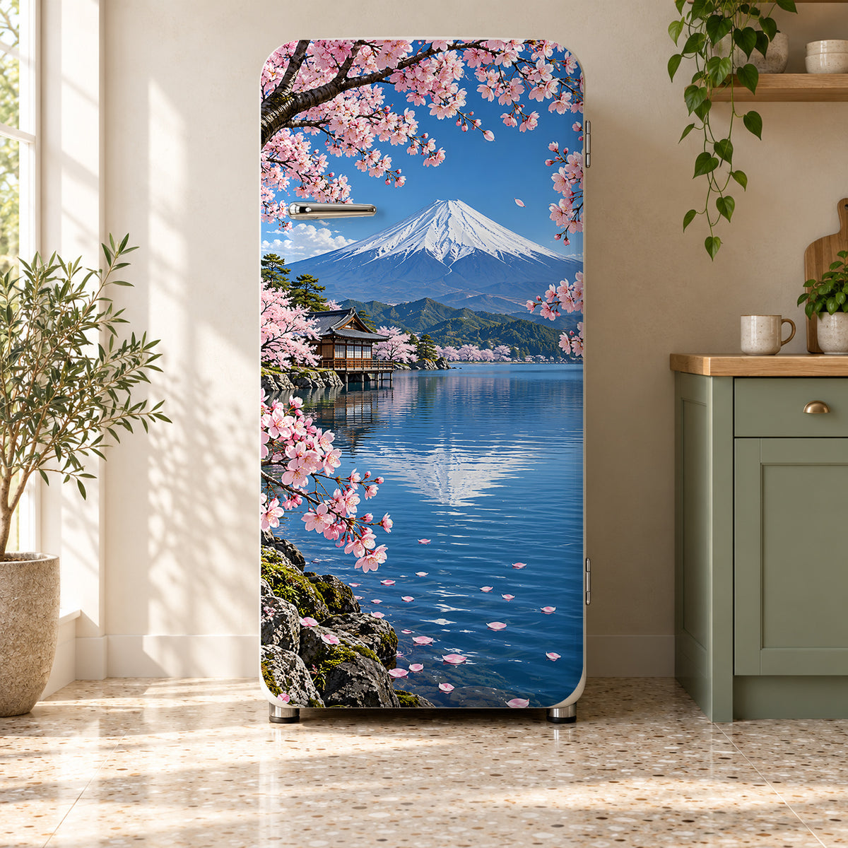 Mount Fuji & Cherry Blossoms fridge wrap on a retro refrigerator
