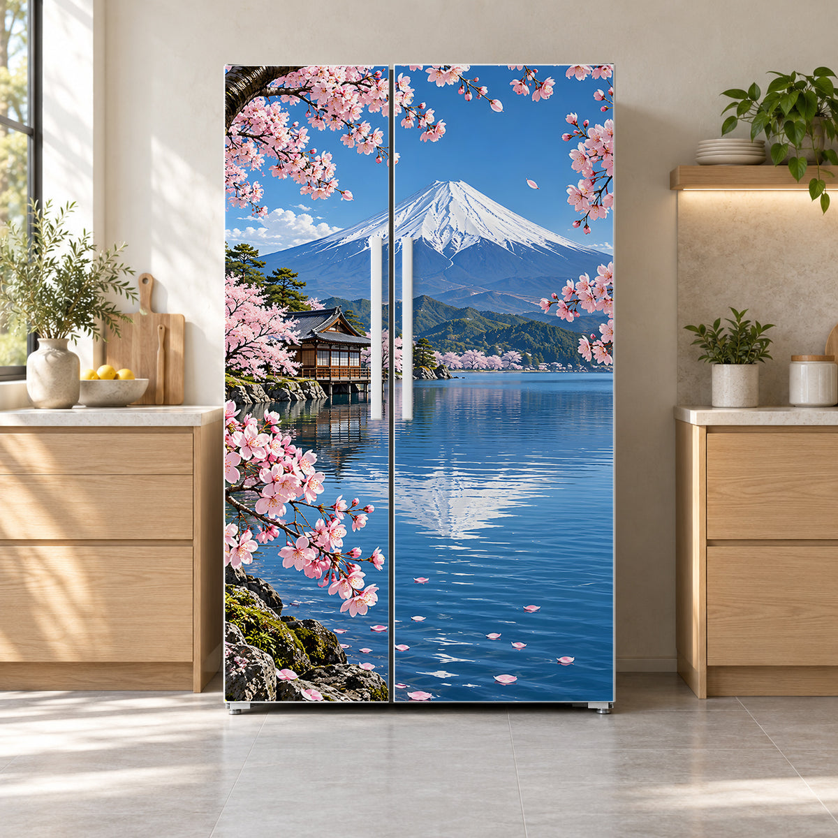 Mount Fuji & Cherry Blossoms fridge wrap on a side-by-side refrigerator