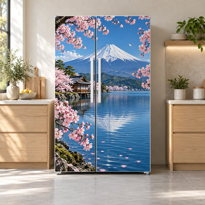 Mount Fuji & Cherry Blossoms fridge wrap on a side-by-side refrigerator