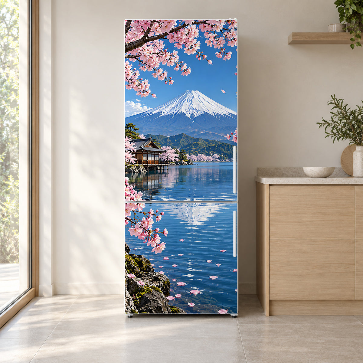 Mount Fuji & Cherry Blossoms fridge wrap on a white refrigerator in a bright kitchen