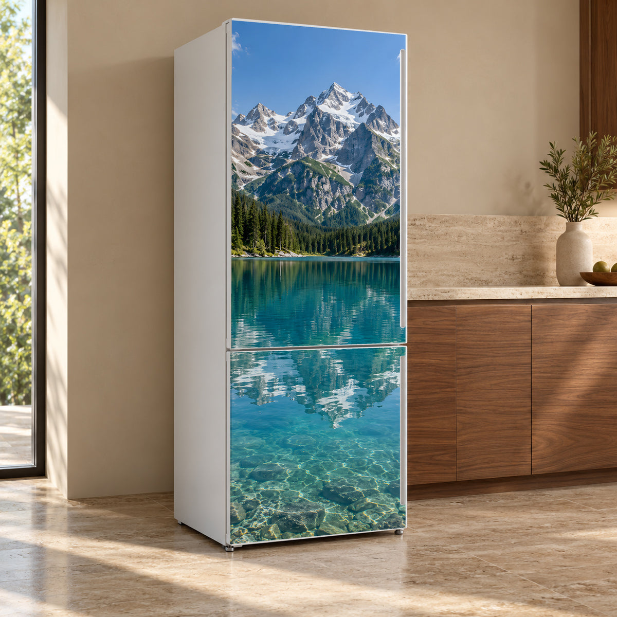 Mountain Lake fridge wrap, refrigerator shown at an angle