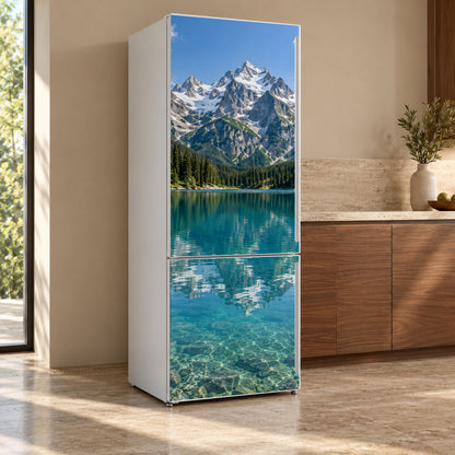 Mountain Lake fridge wrap, refrigerator shown at an angle