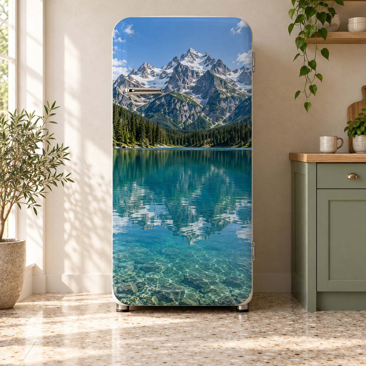 Mountain Lake fridge wrap on a retro refrigerator