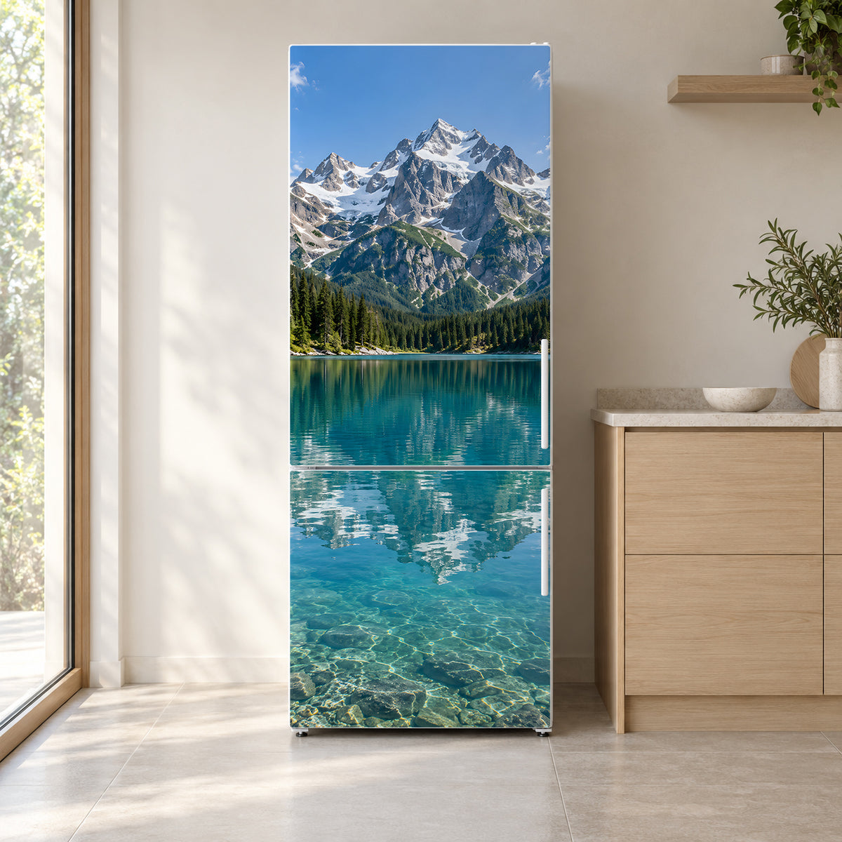 Mountain Lake fridge wrap on a white refrigerator in a bright kitchen