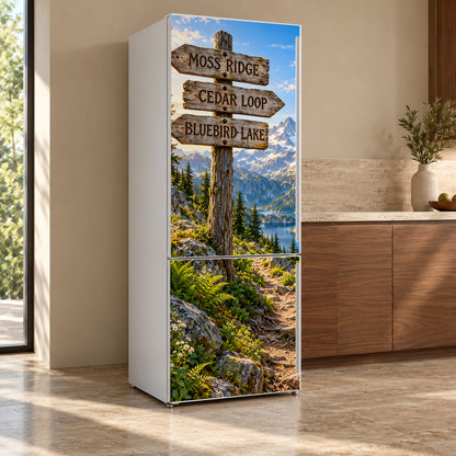 Mountain Trailhead Signs fridge wrap, refrigerator shown at an angle