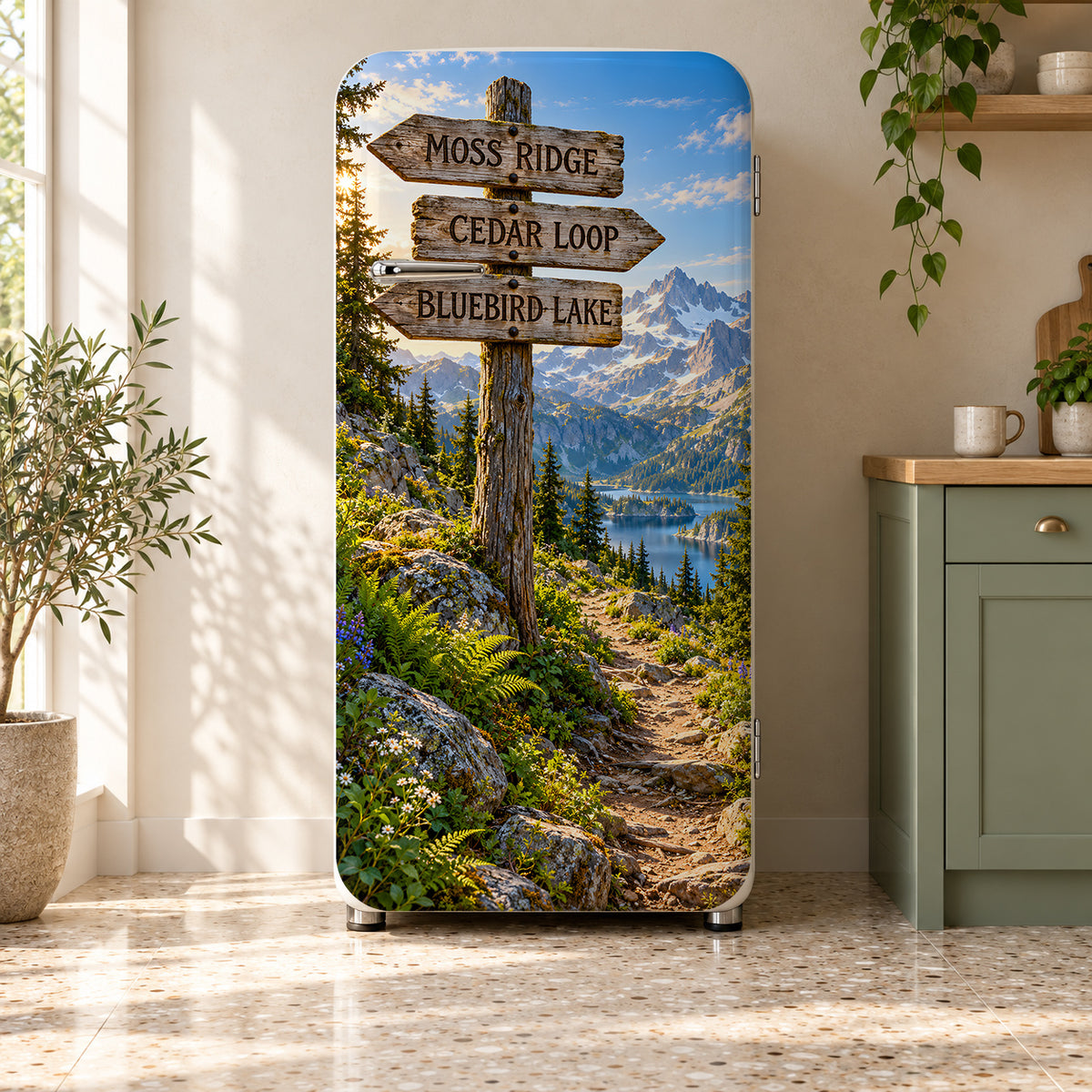 Mountain Trailhead Signs fridge wrap on a retro refrigerator