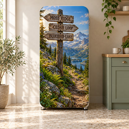 Mountain Trailhead Signs fridge wrap on a retro refrigerator