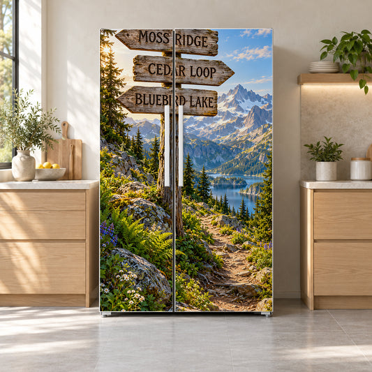 Mountain Trailhead Signs fridge wrap on a side-by-side refrigerator