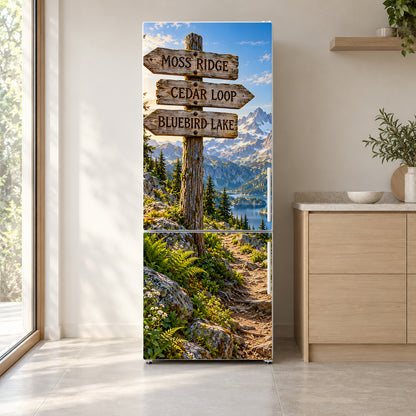 Mountain Trailhead Signs fridge wrap on a white refrigerator in a bright kitchen
