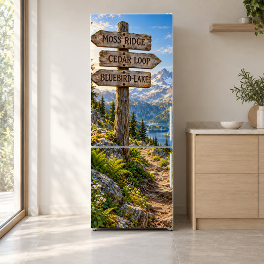Mountain Trailhead Signs fridge wrap on a white refrigerator in a bright kitchen